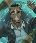  1boy air_bubble animal_ears artist_name black_suit bojack_horseman bojack_horseman_(series) bottle bubble english_commentary furry furry_male highres horse_boy horse_ears kecap_asin_(kcpasin26) male_focus mane open_mouth pill shirt suit underwater upper_body white_shirt 