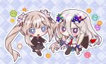  1boy 1girl :d black_jacket black_pants black_thighhighs blonde_hair blue_background blue_choker blue_eyes blue_flower blue_sweater blush_stickers bright_pupils brown_footwear candy chibi choker collared_shirt colored_eyelashes commentary_request eyes_visible_through_hair fate/grand_order fate_(series) flower food gradient_flower green_eyes grey_skirt hair_between_eyes hair_flower hair_ornament holding holding_instrument instrument jacket jacket_on_shoulders konpeitou korean_commentary lanyard long_hair looking_at_viewer low-tied_sidelocks marie_antoinette_(alter)_(fate) marie_antoinette_(fate) multicolored_eyes necktie open_clothes open_jacket open_mouth outline outstretched_arms pants pleated_skirt purple_eyes purple_flower red_necktie school_uniform shirt simple_background sitto skirt smile sweater thighhighs twintails ukulele very_long_hair white_flower white_outline white_pupils white_shirt wing_collar wolfgang_amadeus_mozart_(fate) 