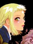  1girl blonde_hair brown_eyes closed_mouth commentary final_fantasy final_fantasy_xii flower lipstick looking_at_viewer makeup mochi_(hanamaruudondesu) penelo rose smile solo 
