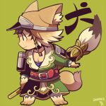  1boy animal_ear_headwear animal_ears animal_feet animal_hands belt brown_hair calligraphy_brush chibi chibi_only chinese_clothes closed_mouth dated dog_ears dog_tail eyelashes facial_hair full_body goatee_stubble green_background kotorai looking_to_the_side ma_dai male_focus oversized_object paintbrush pectoral_cleavage pectorals red_belt shin_sangoku_musou short_hair signature solo standing stubble studded_belt tail translation_request 