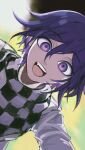  1boy absurdres checkered_clothes checkered_scarf close-up danganronpa_(series) danganronpa_v3:_killing_harmony flipped_hair foreshortening hair_between_eyes highres looking_at_viewer male_focus muwan oma_kokichi open_mouth purple_eyes purple_hair scarf shirt short_hair simple_background smile solo teeth upper_body upper_teeth_only white_shirt wide-eyed 