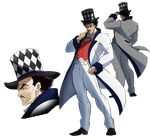  1boy back black_hair black_shoes bow bowtie character_sheet checkered facial_hair formal front full_body hand_on_hat hand_on_headwear hat jojo_no_kimyou_na_bouken male male_focus mustache phantom_blood profile red_vest shoes simple_background solo suit top_hat waistcoat white_background white_pants white_suit will_anthonio_zeppeli 