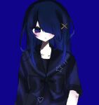  1girl 4_(nn_1_zo) ame-chan_(needy_girl_overdose) black_bow black_hair black_shirt blue_background blue_eyes bow closed_mouth collared_shirt expressionless hair_ornament hair_over_one_eye highres long_hair looking_at_viewer needy_girl_overdose sailor_collar shirt simple_background solo sweatdrop upper_body x_hair_ornament 