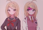  2girls ahoge akamatsu_kaede black_sailor_collar black_shirt blood blood_on_face breasts brown_necktie collared_shirt danganronpa_(series) danganronpa_v3:_killing_harmony dual_persona hair_ornament highres large_breasts multiple_girls musical_note musical_note_hair_ornament neckerchief necktie official_alternate_costume parted_lips pink_blood pink_sweater_vest red_neckerchief ringo_ame_no_ria sailor_collar shirt smile sweater_vest teeth 