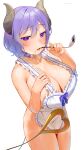  1girl absurdres apron blush breasts brown_horns cleavage commentary_request demon_girl demon_horns demon_tail frikulu hair_between_eyes hand_on_own_chest hand_up highres holding holding_ladle horns ladle large_breasts looking_at_viewer mole mole_under_mouth naked_apron nanashi_inc. open_mouth purple_eyes saionji_mary simple_background solo standing sweat tail two-piece_apron virtual_youtuber white_background 