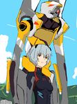  ayanami_rei black_bodysuit blue_hair blue_sky bodysuit condensation_trail day eva_09 evangelion:_3.0_you_can_(not)_redo looking_at_viewer machinery mensoubou neon_genesis_evangelion outdoors rebuild_of_evangelion red_eyes sky upper_body 