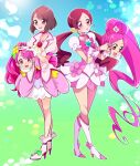  2girls :o absurdres animegao ankle_boots back_bow bob_cut boots bow bowtie brooch brown_hair choker commentary cosplay cure_blossom cure_grace dress hanadera_nodoka hanasaki_tsubomi healin&#039;_good_precure heart heart_brooch heartcatch_precure! high_heel_boots high_heels highres holding holding_mask in-franchise_crossover jacket jewelry kigurumi low_twintails magical_girl mask medium_dress mitsuki_tayura multiple_girls open_mouth pink_bow pink_bowtie pink_choker pink_dress pink_eyes pink_footwear pink_hair pink_jacket pouch precure puffy_short_sleeves puffy_sleeves purple_eyes red_hair self_cosplay short_dress short_sleeves side-by-side smile sweatdrop twintails unworn_mask 