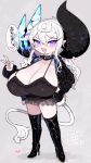  1girl boots breasts camisole cleavage collar cow_horns cow_tail earrings fang frills grey_background hair_between_eyes heart high_heel_boots high_heels highres horns huge_breasts huge_horns jewelry long_hair mato_tsuyoi oppai_loli original pointy_ears purple_eyes simple_background tail v wavy_hair white_hair yamada_vanhouten 