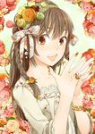  bad_id bad_pixiv_id bracelet braid brown_eyes brown_hair copyright_request dress earrings flower hair_flower hair_ornament hair_ribbon hairband hands jewelry long_hair nail_art nail_polish open_mouth plumice ribbon solo 