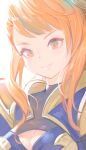  1girl armor asymmetrical_bangs beatrix_(granblue_fantasy) breasts cleavage cleavage_cutout closed_mouth clothing_cutout granblue_fantasy highres long_hair looking_at_viewer medium_breasts orange_eyes orange_hair sidelocks simple_background solo tomamatto upper_body white_background 