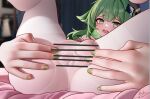  1girl ass blush commentary_request green_eyes green_hair green_nails hair_ornament honkai:_star_rail honkai_(series) huohuo_(honkai:_star_rail) long_hair lying on_back open_mouth paid_reward_available pantyhose pussy ririko_(fhnngririko) see-through solo spread_legs spread_pussy_under_clothes symbol-shaped_pupils white_pantyhose 