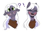 confusion deformation deformed deformed_face earth_pony equid equine exclamation_point eyebrows facial_scar fan_character green_eyes hair hasbro horse mammal my_little_pony open_mouth open_smile pony question_mark raised_eyebrow redxbacon scar sharp_teeth simple_background smile starlight_brew_(oc) teeth white_background white_hair