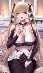  1girl absurdly_long_hair absurdres azur_lane bare_shoulders between_breasts black_dress black_nails black_ribbon blonde_hair breasts cleavage dress formidable_(azur_lane) frilled_dress frills hair_ribbon highres indoors kirisamede_gzr lap_pillow_invitation large_breasts long_hair looking_at_viewer mimikaki necktie necktie_between_breasts open_mouth red_eyes ribbon sitting solo twintails two-tone_dress two-tone_ribbon very_long_hair white_ribbon 