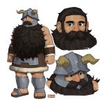  1boy armor artist_logo artist_name beard black_hair breikka dungeon_meshi facial_hair fake_horns greaves helmet horned_helmet horns long_beard mustache sandals senshi_(dungeon_meshi) wrist_guards 