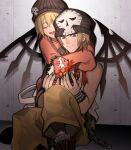  1boy 1girl against_wall baggy_pants beanie bitou_daisukenojou bitou_raimu blonde_hair blue_eyes brother_and_sister chain_necklace closed_eyes detached_wings green_pants hat highres hug hug_from_behind jewelry keiseki1 long_sleeves necklace noise_(twewy) open_mouth orange_sweater pants short_hair siblings sitting skull_print sleeves_past_fingers sleeves_past_wrists smile subarashiki_kono_sekai sweater tank_top wings 