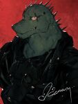  1boy black_jacket caiman_(dorohedoro) character_name closed_mouth commentary dorohedoro furry furry_male highres jacket leather leather_jacket looking_at_viewer male_focus p7ywirzyw8lesuc portrait red_background reptile_boy scales solo 