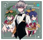  1girl 2boys ahoge akaba_reiji black_bow black_bowtie black_choker black_vest border bow bowtie choker closed_mouth drink drinking_straw food glasses goggles goggles_on_head green_eyes green_hair grey_eyes grey_hair hair_between_eyes hair_ribbon highres holding holding_plate huge_ahoge jacket long_hair looking_at_viewer multicolored_hair multiple_boys open_clothes open_jacket plate ponytail purple_hair red-framed_eyewear red_eyes red_hair red_jacket ribbon sakaki_yuuya serena_(yu-gi-oh!) shirt short_hair smile star_(symbol) tasutekete two-tone_hair upper_body vest white_border white_shirt yellow_ribbon yu-gi-oh! yu-gi-oh!_arc-v 