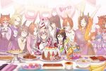  6+girls :d ^_^ animal_ears apron arms_up aston_machan_(umamusume) biwa_hayahide_(umamusume) black_hair black_pants blonde_hair blue_eyes blue_hair blue_shirt blue_skirt bow bowl breasts brown_hair cake car character_request closed_eyes closed_mouth drawstring ears_through_headwear food food_on_face food_request forehead glasses grey-framed_eyewear gym_shirt hair_between_eyes hair_ornament hairclip happy_birthday hat head_scarf highres holding hood hood_down hoodie horse_ears horse_girl horse_tail ikuno_dictus_(umamusume) jacket kuzumochi_(kuzumochiya) long_hair macaron matikane_tannhauser_(umamusume) medium_breasts motor_vehicle multicolored_hair multiple_girls narita_brian_(umamusume) narita_taishin_(umamusume) nice_nature_(umamusume) orange_hoodie pants parted_bangs party_hat peeking_out pennant pleated_skirt ponytail purple_apron purple_hoodie red-framed_eyewear red_jacket round_eyewear royce_and_royce_(umamusume) sash school_uniform semi-rimless_eyewear sharp_teeth shirt skirt smile sounds_of_earth_(umamusume) string_of_flags tail teeth tracen_school_uniform track_jacket transcend_(umamusume) twin_turbo_(umamusume) twintails two-tone_hair umamusume under-rim_eyewear very_long_hair white_bow white_hair white_shirt winning_ticket_(umamusume) zenno_rob_roy_(umamusume) 