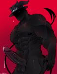 abs balls black_body bodily_fluids claws clothing darkoya demon erection genital_fluids genitals hat headgear headwear heart_symbol hi_res horn male muscular nipples one_eye_visible precum red_background red_eyes shadow_face simple_background solo solo_focus spade_tail tail