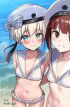  2girls artist_name beach bikini bikini_skirt blue_eyes bow brown_eyes brown_hair clothes_writing cowboy_shot eckert&amp;eich grin groin hat highres kantai_collection multiple_girls navel official_alternate_costume one-hour_drawing_challenge sailor_bikini sailor_collar sailor_hat short_hair smile swimsuit twitter_username water white_bikini white_bow white_hair white_hat white_sailor_collar z1_leberecht_maass_(kancolle) z3_max_schultz_(kancolle) 