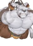  1boy abs animal_ears bara blue_eyes brown_pants bulge chinese_commentary claws clenched_teeth fangs fingerless_gloves furry furry_male gloves highres looking_at_viewer male_focus mercenary_(zero_kara_hajimeru_mahou_no_sho) pants pectorals shibari shiling_(shiling_100) tail teeth tiger_boy tiger_ears tiger_stripes tiger_tail topless_male white_background zero_kara_hajimeru_mahou_no_sho 