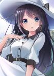  1girl absurdres belt black_hair blue_eyes collared_dress dress earrings hand_on_own_chest hat highres hoop_earrings jewelry long_hair looking_at_viewer nail_polish open_mouth original solo sun_hat very_long_hair yodakeke 