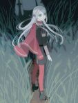  1girl 1other b_(wldms6650) black_footwear black_jacket cape commentary edelgard_von_hresvelg english_commentary fire_emblem fire_emblem:_three_houses floating_hair grass high_heels highres jacket long_hair long_sleeves looking_at_viewer looking_back night outdoors pantyhose parted_lips purple_eyes red_cape red_pantyhose white_hair 