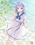  1girl barefoot blue_eyes blue_hair blush day dress eating food gochuumon_wa_usagi_desu_ka? hair_ornament highres ice_cream kafuu_chino kurasawa_kyoushou leaf long_hair looking_at_viewer outdoors see-through_silhouette solo sunlight water white_dress x_hair_ornament 