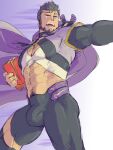  1boy abs bara beard book bulge cape english_commentary facial_hair fire_emblem fire_emblem_engage grey_hair highres holding holding_book looking_to_the_side male_focus mauvier_(fire_emblem) muscular muscular_male open_mouth pectorals piikeisandaa 