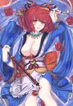  areola_slip areolae bad_id bad_pixiv_id breasts cleavage floating flower hair_ornament highres japanese_clothes jewelry kiseru large_breasts lying necklace nipples obi onozuka_komachi pipe red_eyes red_hair sash short_hair smile solo spider_lily touhou two_side_up water xiaoai 