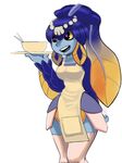  apron artist_request bangs blue_skin blunt_bangs bowl breasts chopsticks fins fish_girl minette_(skullgirls) monster_girl non-web_source pink_eyes scales shell skullgirls slender_waist smile solo thighhighs waitress yellow_sclera 