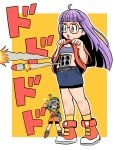  2girls absurdres belt bike_shorts blue_eyes bra chrono_trigger closed_mouth clothes_writing crossover denim denim_skirt dr._slump full_body glasses helmet highres long_hair looking_at_viewer lucca_ashtear multiple_girls norimaki_arale okera open_mouth purple_hair rocket_launcher short_hair skirt smile training_bra underwear weapon 