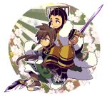  2boys armor black_footwear brown_eyes brown_footwear brown_hair carrying carrying_person chinese_armor chinese_clothes closed_mouth guan_hat hat holding holding_sword holding_weapon jiang_wei kotorai liu_shan long_hair looking_ahead male_focus multiple_boys polearm shin_sangoku_musou sword weapon 