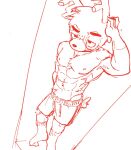 abs ahseo animal_crossing anthro antlers bam_(animal_crossing) clothed clothing deer hi_res horn line_art male mammal monochrome muscular muscular_male nintendo pecs red_and_white simple_background solo topless topless_male v-cut white_background