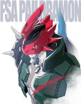  as&#039;maria blue_skin character_name collar colored_skin covered_face digimon digimon_(creature) dragon green_vest highres paildramon red_eyes red_helmet signature simple_background spikes tag tail upper_body vest white_background 