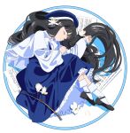  1girl beret black_hair blue_dress bobby_socks cardcaptor_sakura closed_eyes daidouji_tomoyo dress edoya_inuhachi fetal_position flower full_body hat long_hair lying mary_janes on_side parted_lips sheet_music shoes socks very_long_hair white_socks 