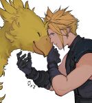  1boy absurdres animal armor belt black_gloves black_sweater blonde_hair blue_eyes chocobo closed_eyes cloud_strife commentary earrings final_fantasy final_fantasy_vii final_fantasy_vii_remake forehead-to-forehead from_side gloves hands_up happy heads_together highres jewelry leaning_forward light_smile male_focus muscular muscular_male parted_lips pauldrons sanuki_uudon3 short_hair shoulder_armor signature simple_background single_pauldron sleeveless sleeveless_sweater sleeveless_turtleneck spiked_hair stud_earrings suspenders sweater turtleneck turtleneck_sweater upper_body white_background yellow_bird 