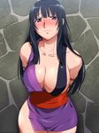  against_wall arms_behind_back bdsm black_hair blush bondage bound breasts cleavage collarbone covered_nipples curvy highres inumiso large_breasts long_hair nuki_ana_kunoichi purple_eyes rope sash solo sweat wall 