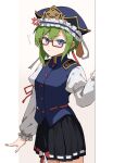  1girl absurdres asuka_shirou black_skirt blue_eyes blue_jacket closed_mouth glasses green_hair highres jacket looking_at_viewer red-framed_eyewear shiki_eiki shirt skirt solo touhou white_background white_shirt 