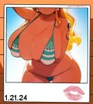  1girl arm_tattoo arm_under_breasts bikini breasts cleavage dated earrings green_bikini head_out_of_frame highres hiita_(hitta_99) huge_breasts jewelry lipstick_mark nami_(one_piece) navel one_piece orange_hair pearl_earrings photo_(object) plump shoulder_tattoo skindentation solo sunlight swimsuit tattoo thighs wide_hips 