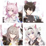  1boy 3girls absurdres animal_ears black_gloves black_hair black_hairband breasts cat_ears claw_pose coat dan_heng_(honkai:_star_rail) fingerless_gloves firefly_(honkai:_star_rail) gangshangguang_(smjy5842) gloves green_eyes grey_hair hair_between_eyes hair_ornament hairband highres honkai:_star_rail honkai_(series) jacket long_hair long_sleeves march_7th_(honkai:_star_rail) multicolored_hair multiple_girls open_clothes open_coat open_jacket open_mouth pink_hair rabbit_ears shirt short_hair smile stelle_(honkai:_star_rail) trailblazer_(honkai:_star_rail) two-tone_hair yellow_eyes 