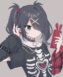  1girl adjusting_hair ame-chan_(needy_girl_overdose) arm_warmers black_choker black_hair black_shirt cellphone choker closed_mouth earrings grey_background grey_eyes hair_ornament hair_over_one_eye hands_up holding holding_phone jewelry kabe_(zp66104) long_hair needy_girl_overdose o-ring o-ring_choker official_alternate_costume phone print_shirt shirt short_sleeves simple_background smartphone solo t-shirt twintails upper_body x_hair_ornament 