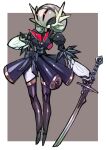  1girl 2b_(nier:automata) 2b_(nier:automata)_(cosplay) black_dress black_thighhighs blind brown_background colored_skin cosplay cyborg dakusuta dress gardevoir grey_hair highres holding holding_sword holding_weapon katana mega_gardevoir nier:automata nier_(series) pokemon puffy_sleeves red_skin short_sleeves simple_background sword thighhighs weapon white_skin 