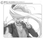  1girl :d bag blazer blush bow bowtie cardigan collared_shirt double_v earrings facing_viewer floating_hair forehead greyscale h_(eitilog) highres hoshikawa_sara jacket jewelry long_hair long_sleeves monochrome nijisanji open_clothes open_jacket open_mouth school_bag school_uniform selfie shirt sidelocks smile social_network solo translated twintails upper_body v v-neck virtual_youtuber wind 