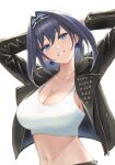  1girl absurdres arms_behind_head arms_up black_jacket blue_eyes blue_hair breasts chain_headband cleavage collarbone commentary crop_top earrings eyelashes highres hololive hololive_english jacket jewelry large_breasts looking_at_viewer navel open_clothes open_jacket ouro_kronii parted_lips short_hair smile solo studded_jacket tomozoo83 upper_body virtual_youtuber white_background 
