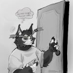 2024 anthro artist_name black_nose catatex_69 clothing comic demon dialogue digital_media_(artwork) door electronics english_text felid feline greyscale hazbin_hotel hi_res husk_(hazbin_hotel) looking_at_object male mammal monochrome phone shirt solo t-shirt text topwear