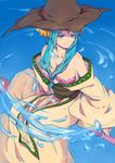  bare_shoulders blue_eyes blue_hair breasts dress front_ponytail hat magi_the_labyrinth_of_magic medium_breasts shell shell_bikini sidesaddle smile solo staff water witch_hat y_xin yamuraiha 