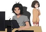  1boy 1girl artist_self-insert black_hair brown_eyes brown_hair brown_shirt closed_mouth dark_skin desk glasses grey_shirt highres jourd4n keyboard_(computer) long_sleeves mole mole_under_mouth original red_shorts screen shirt short_hair short_sleeves shorts simple_background white_background 