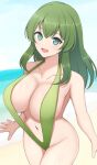  aqua_eyes beach blush breasts cleavage collarbone commission green_hair green_slingshot_swimsuit highres hiyori_(senran_kagura) large_breasts light_blush looking_at_viewer medium_hair navel ocean open_mouth senran_kagura sideboob skeb_commission slingshot_swimsuit smile surippa1010 swimsuit 