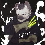  1boy arknights between_fingers black_background black_eyes black_hoodie character_name dated furry furry_male highres holding holding_glowstick hood hood_down hoodie hyena_boy long_sleeves looking_ahead male_focus p7ywirzyw8lesuc smoke solo spot_(arknights) 